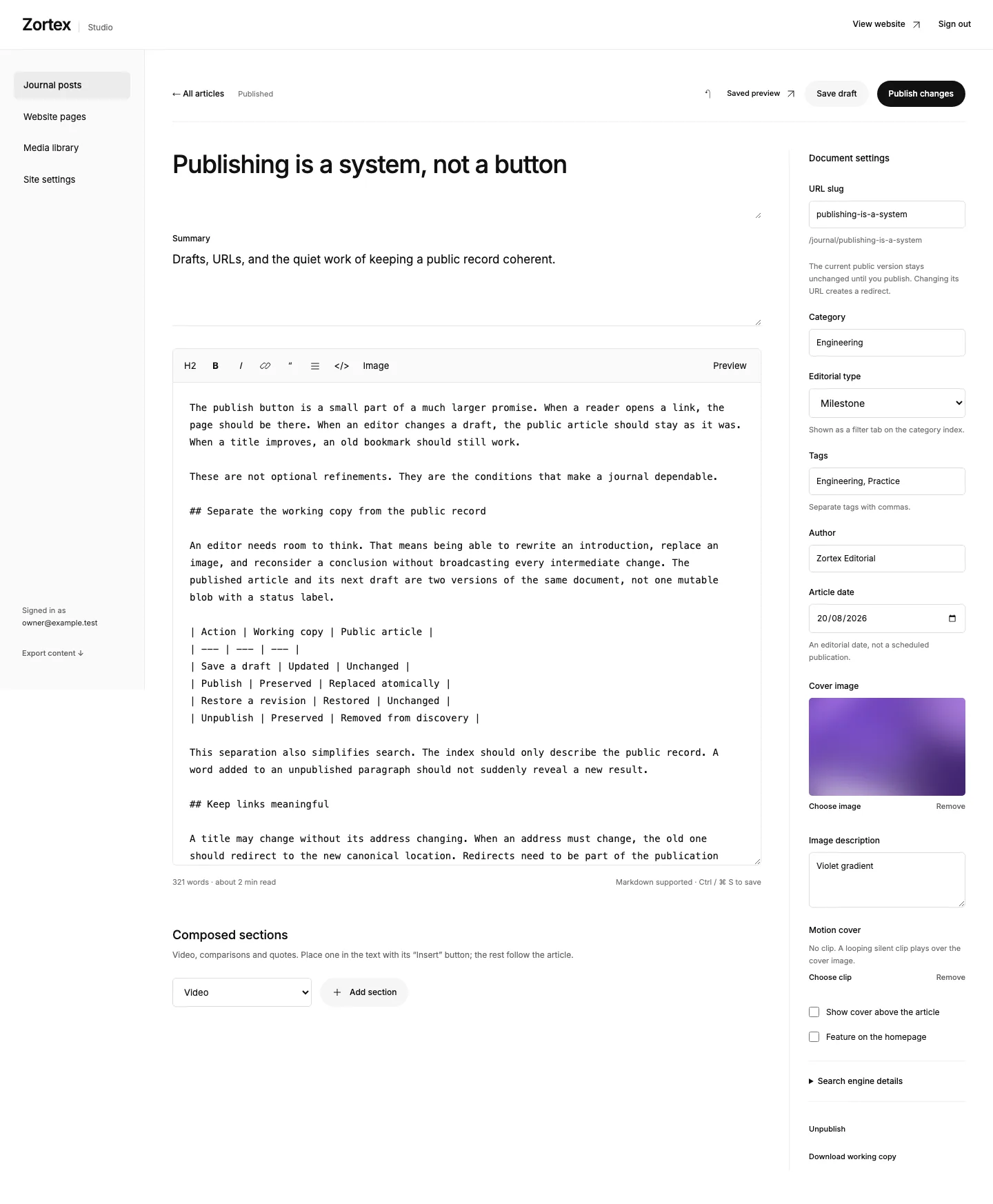 The Zortex publishing editor with a draft article and its publication settings